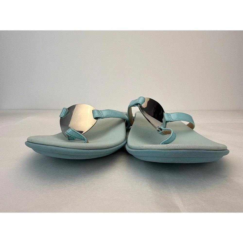Vionic Raysa Sandals Womens 6.5 Light Blue Patent Leather Thong Orthotic Comfort